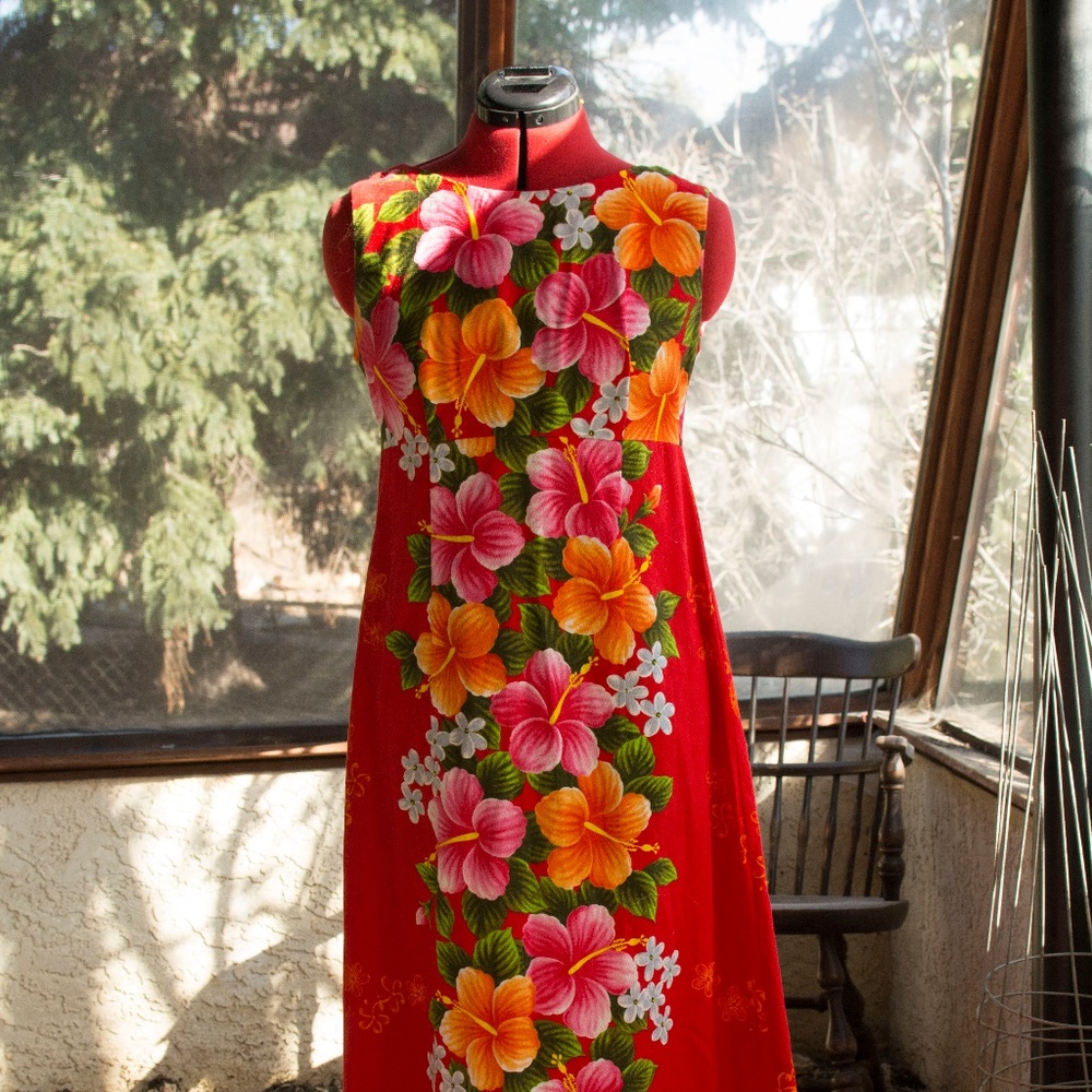 Red Late 60's Hawaiian Maxi Dress